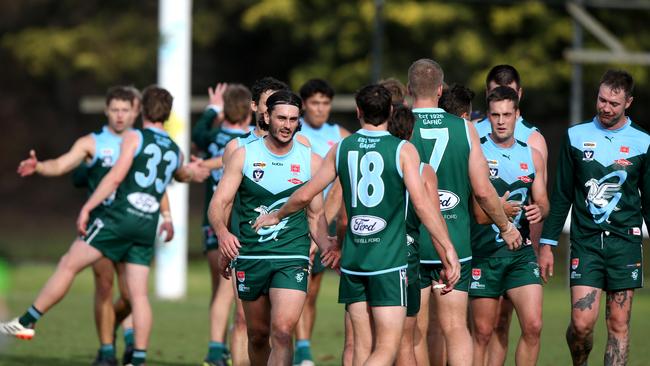 BFNL - Ammos v Drysdale.  Geelong Amateur players happy at 1/2 time keeping Drysdale Goal less in the 1st 1/2. Picture; Mike Dugdale