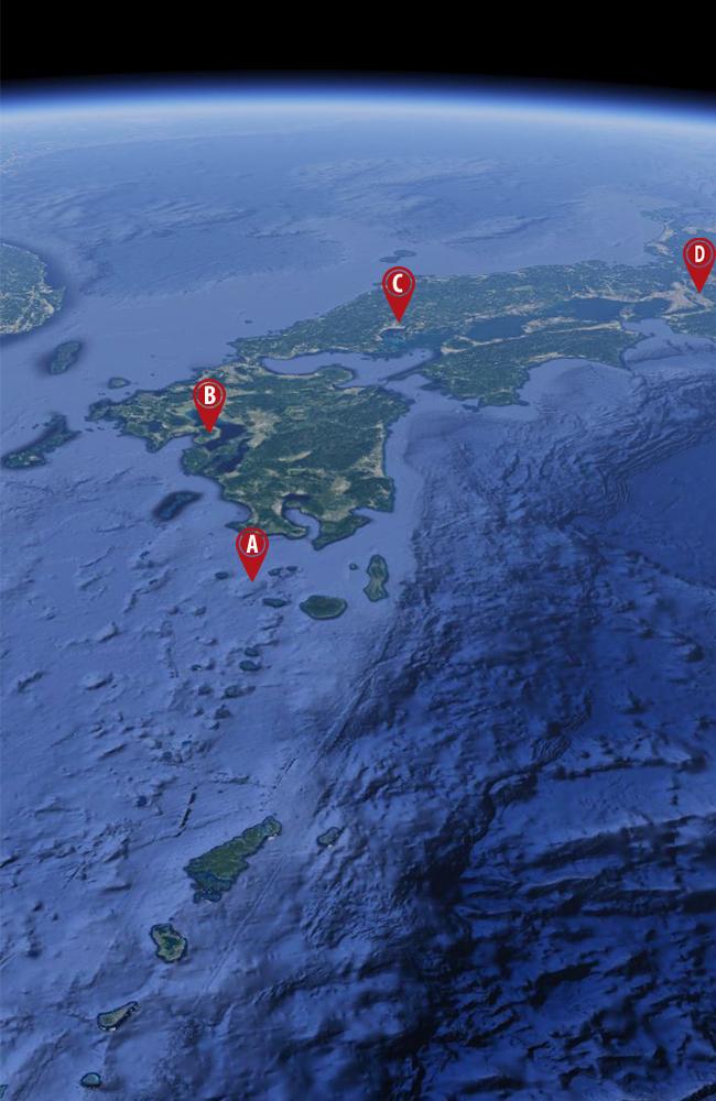 The location of the Kikai Caldera in relation to the main islands of southern Japan. Some 100 million people live within its fallout zone. A) Kikai Caldera. B) Nagasaki. C) Hiroshima. D) Osaka. Picture: Google Maps