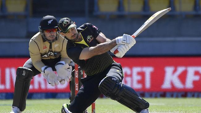 WELLINGTON, NEW ZEALAND - MARCH 07: Glenn Maxwell of Australia bats during game five of the International T20 series between the New Zealand Blackcaps and Australia at Sky Stadium on March 07, 2021 in Wellington, New Zealand. (Photo by Masanori Udagawa/Getty Images)