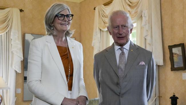 King Charles III greets Governor-General Sam Mostyn at Admiralty House on Sunday. Picture: Pool/Getty Images