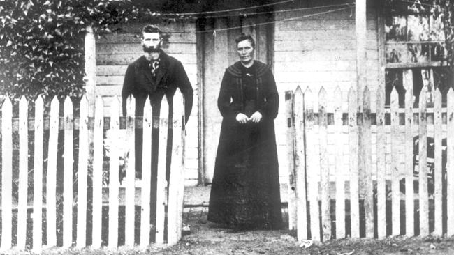 Ned Kelly's mother Ellen and his brother, Jim, outside the family homestead at Eleven Mile Creek.