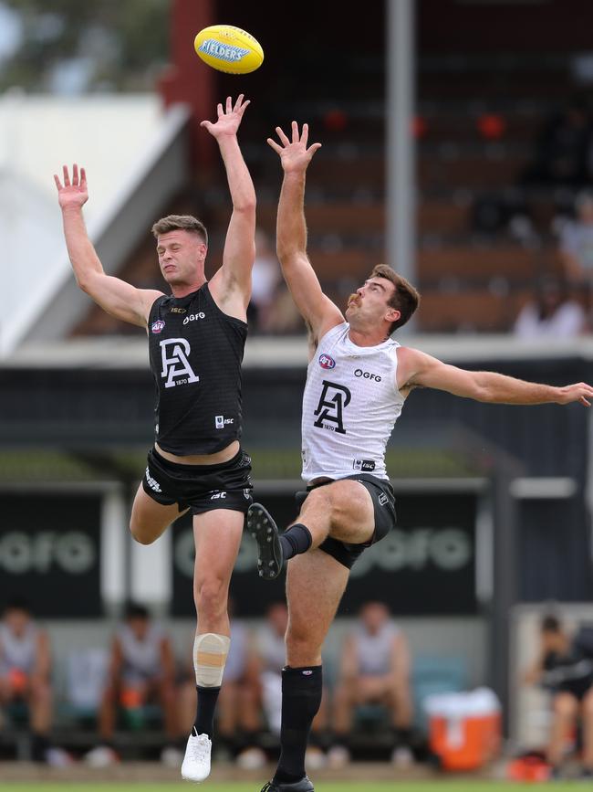 Peter Ladhams (left) will be Scott Lycett’s main challenger as No.1 ruckman this season. Picture: Matt Turner/AFL Photos via Getty Images