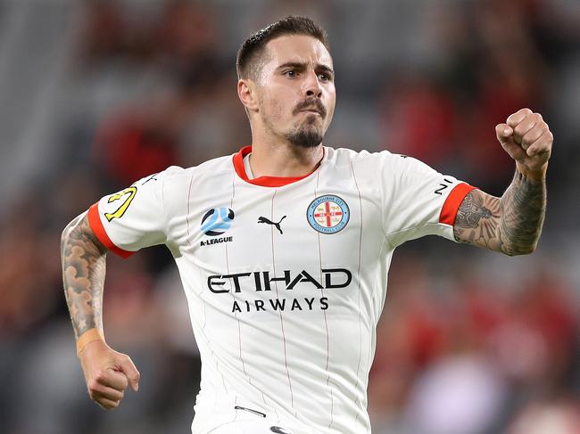 SYDNEY, AUSTRALIA - MARCH 02: Jamie Maclaren of Melbourne City celebrates after kicking a goal, which was later disallowed after being offside during the A-League match between the Western Sydney Wanderers and Melbourne City at Bankwest Stadium, on March 02, 2021, in Sydney, Australia. (Photo by Mark Kolbe/Getty Images)