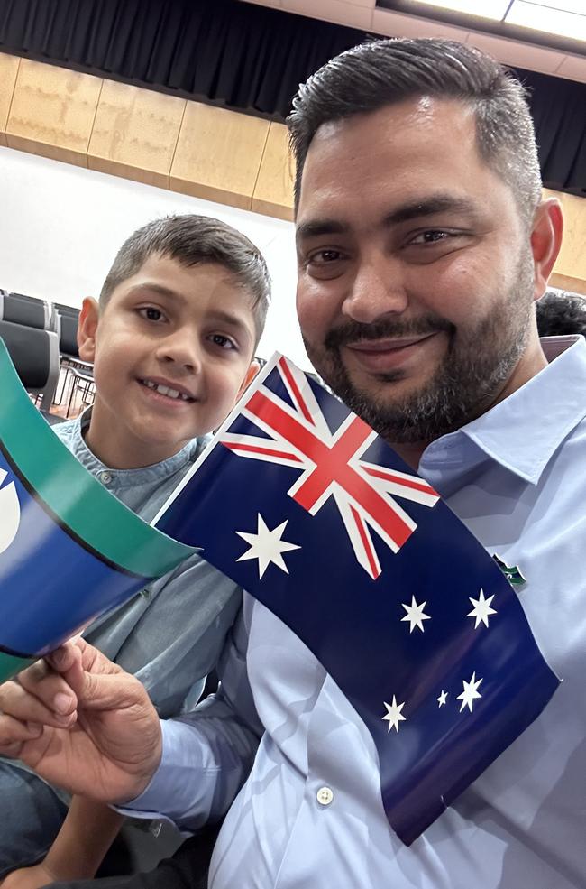 Wyndham’s Ajay Kaushik with his son at his citizenship ceremony. Picture: Supplied.