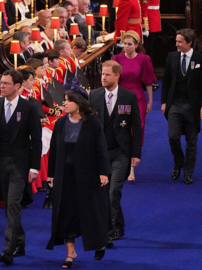 Princess Eugenie and Jack Brooksbank (front), Britain's Prince Harry, Duke of Sussex (centre) and Princess Beatrice and Edoardo Mapelli Mozzi. Picture: AFP