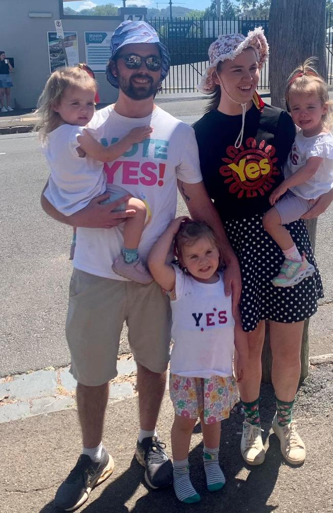 Wiradjuri man Kieran Moore and his wife, Chloe Moore out volunteering for the Yes Campaign with daughters (left) Bonnie, Florence, and (front) Elizabeth Moore.