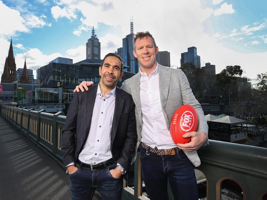 Eddie Betts and Jack Riewoldt launching Fox Footy’s finals coverage last year. Picture: David Caird