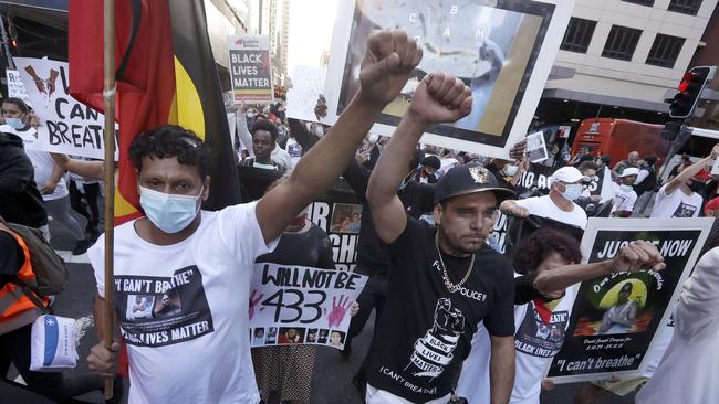 Protesters march in Sydney at the weekend to support the protests over the death of George Floyd in the US. Picture: Rick Rycroft/AP