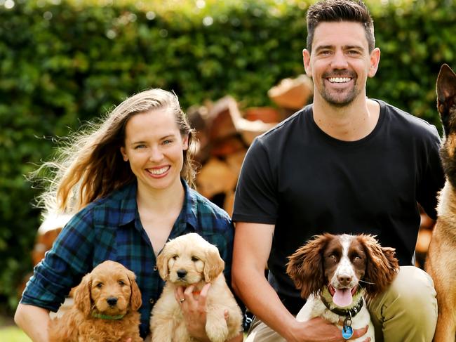 SMART Daily. Jen and Ryan Tate. Puppy on the left unnamed, puppy on the right Dolly, Spaniel Dash, and Rafa our Belgian Malinois. Picture: Nathan Edwards