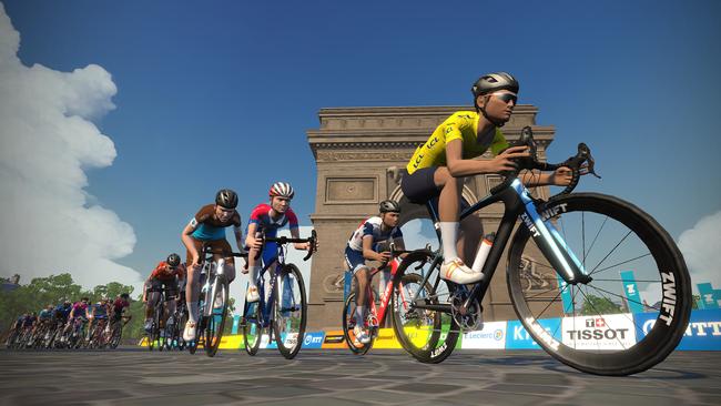 A mock-up of a scene from a new virtualised version of the Tour de France that begins this weekend. Official Tour de France riders including several from Australia will take part. Picture: Zwift.