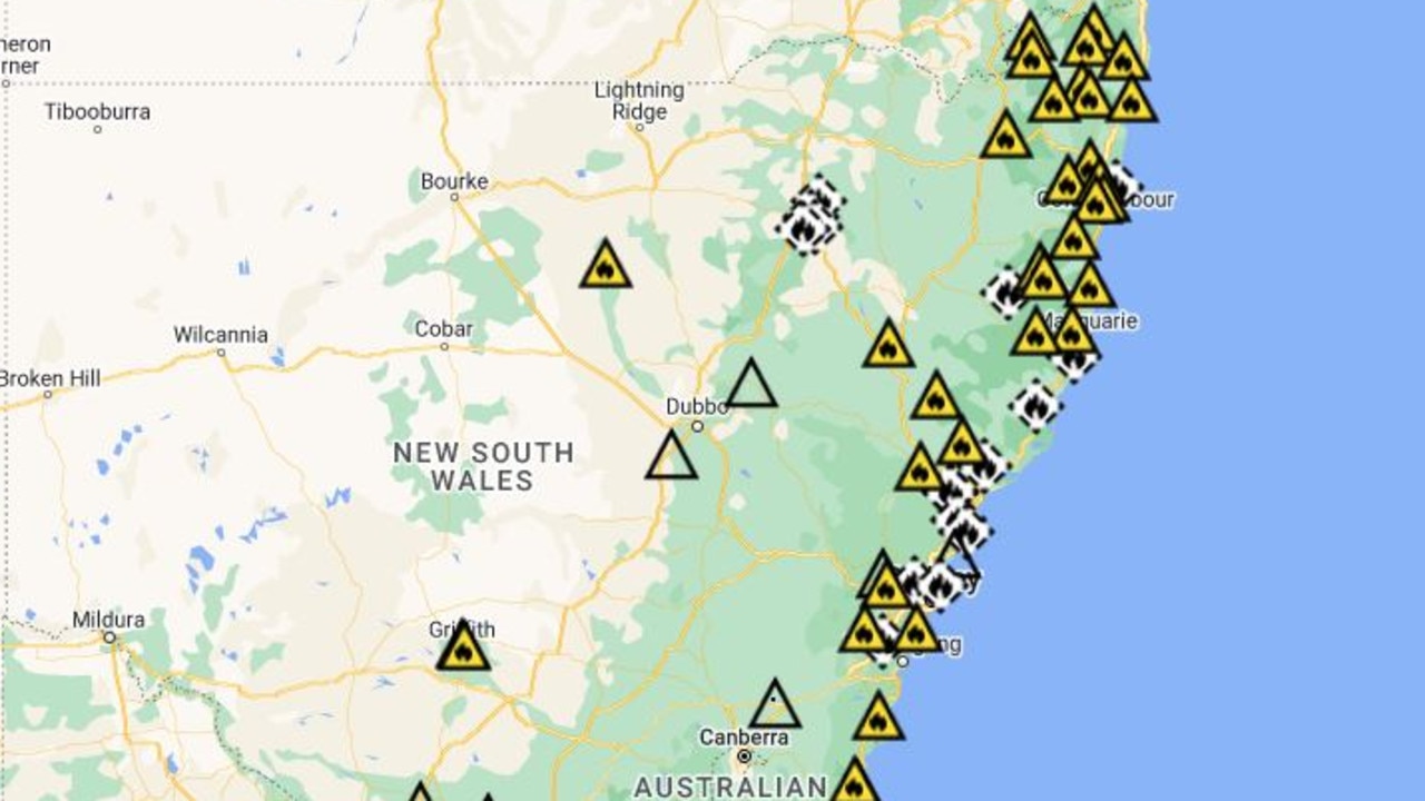 Multiple fires are burning along the NSW coastline. Picture: Fires Near Me