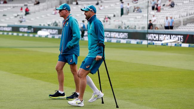 Nathan Lyon was left on crutches during the second Ashes cricket Test. Picture: AFP