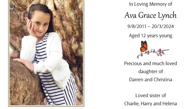 Ava’s funeral card. Picture: Supplied by family