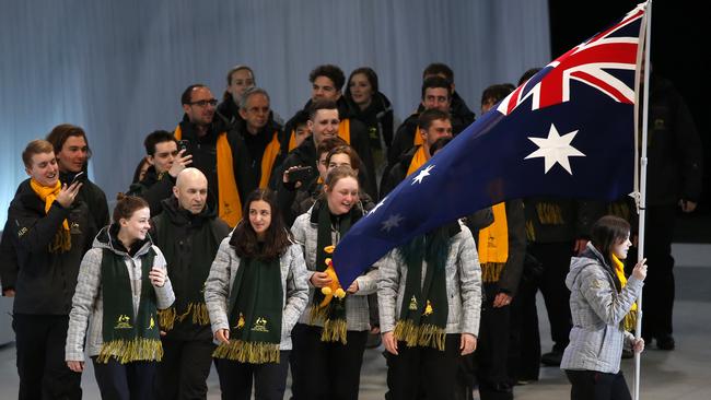 Members of Australia's team march at the opening ceremony of the Asian Winter Games at Sapporo Dome in Sapporo, northern Japan.