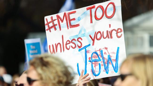 A "#metoo unless you are a Jew" protest outside UN headquarters in New York. Picture: Charly Triballeau