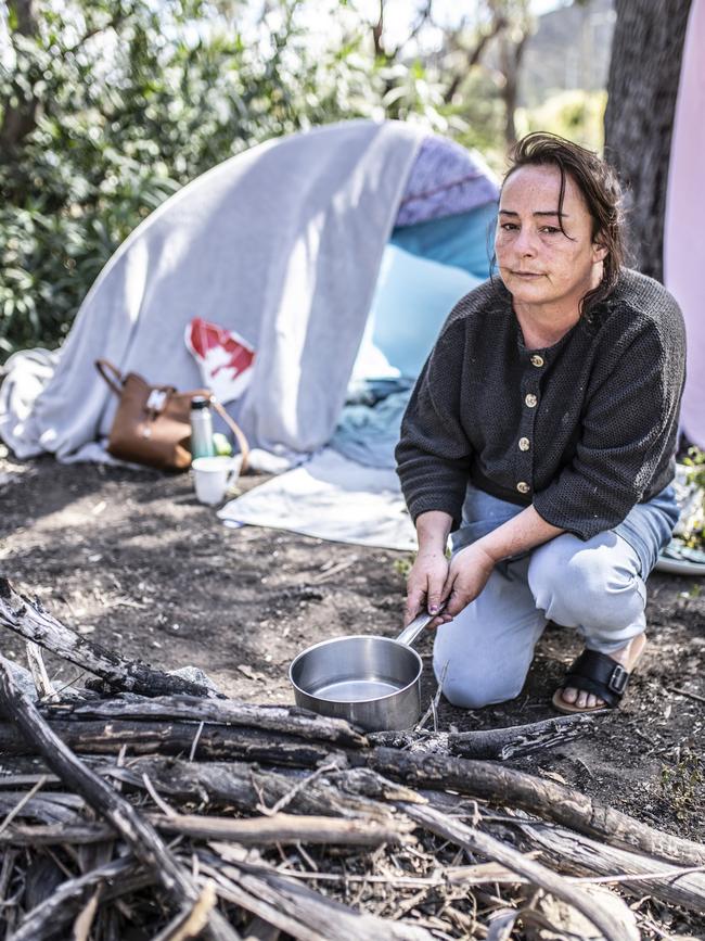 Crystal Kenzie, 42 has been waiting on a social housing list for years and is now living in a tent on Crown land. Picture: Eddie Safarik.