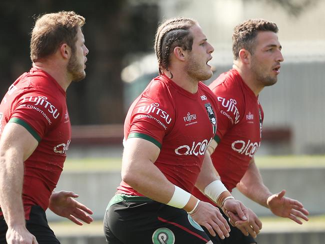 The Burgess brother Tom, George and Sam during Rabbitohs training at Redfern oval ahead of their semi final against the Dragons. Picture. Phil Hillyard