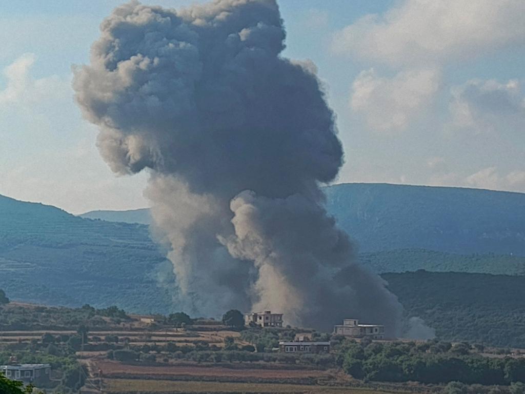 Smoke billows from the site of an Israeli air strike on Zibqin in southern Lebanon on August 25, amid escalations in the ongoing cross-border tensions as fighting continues between Israel and Hamas militants in the Gaza Strip. Picture: AFP