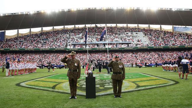 The annual Anzac Day game between the Roosters and Dragons is an emotional affair. Image. Phil Hillyard