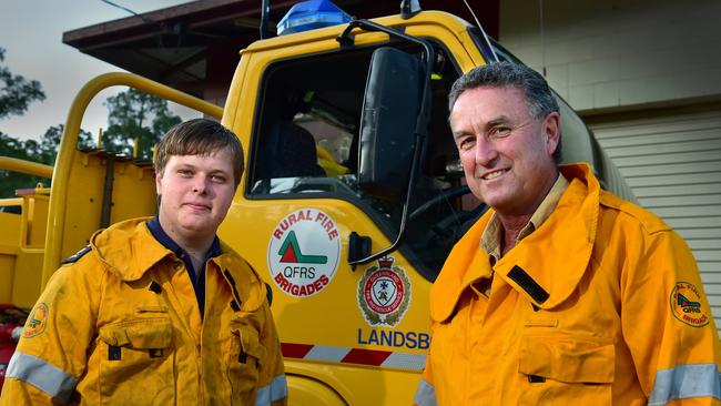 Landsborough Rural Fire Brigade member Craig Young with first officer Mark Jakeman. Picture: Che Chapman