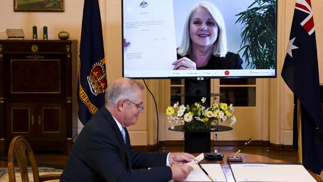 Home Affairs Minister Karen Andrews appears via video link during a virtual swearing-in ceremony with Scott Morrison on Tuesday. Picture: AAP