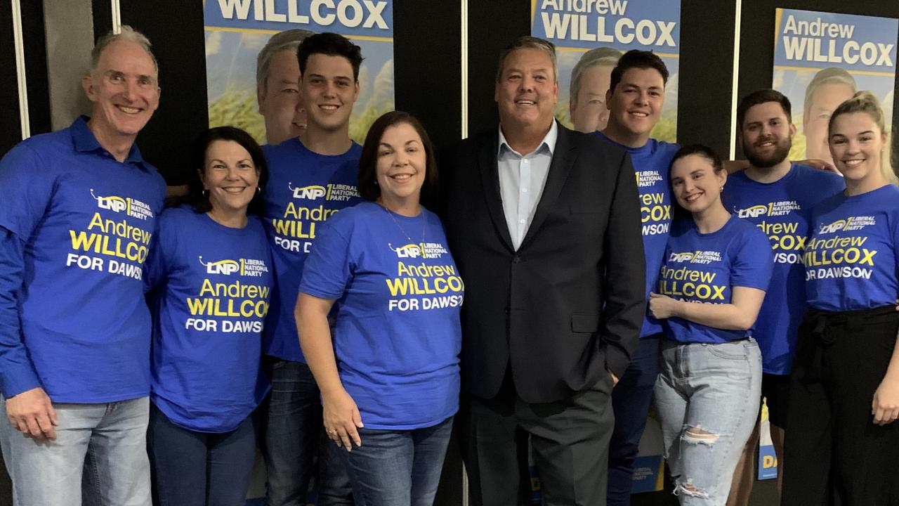 John Carroll, Donna Carroll, Tom Willcox, Raylene Willcox, Andrew Willcox, Jack Willcox, Zoe Robson, Chris Figg and Shannon Willcox gather to celebrate the incoming Dawson MP Andrew Willcox's win in Dawson at the Ocean International in Mackay for the federal election on Saturday, May 21, 2022. Picture: Duncan Evans