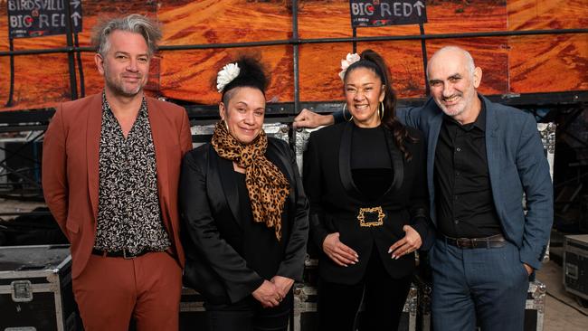 At the Big Red Bash music festival in western Queensland on July 7 2021. L-R: Dan Kelly, Vika Bull, Linda Bull and Paul Kelly. Picture: Marc Grimwade