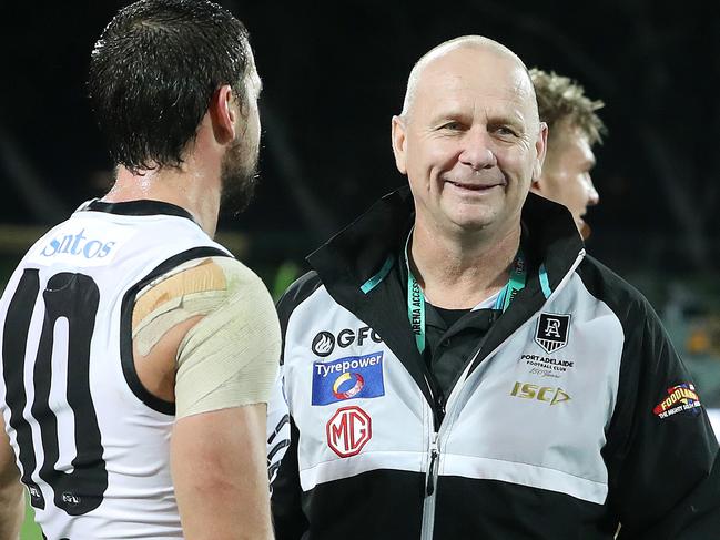 AFL - Saturday, 22nd August, 2020 - Port Adelaide v Hawthorn - Indigenous Round at the Adelaide Oval. After a close call - Senior Coach Ken Hinkley can smile with Travis Boak after the win Picture: Sarah Reed