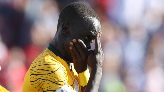 DUBAI, UNITED ARAB EMIRATES - JANUARY 11:  Awer Mabil of Australia celebrates after scoring his team's second goal during the AFC Asian Cup Group B match between Palestine and Australia at Rashid Stadium on January 11, 2019 in Dubai, United Arab Emirates. (Photo by Francois Nel/Getty Images)