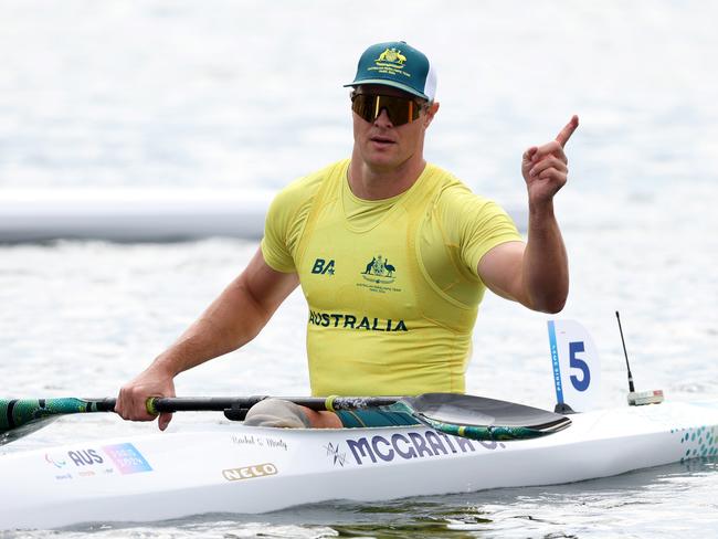 Gold medalist, Curtis McGrath of Team Australia, celebrates victory following the Men's Kayak Single 20m KL2 Final A on day ten of the Paris 2024 Summer Paralympic Games. Picture: Steph Chambers/Getty Images.