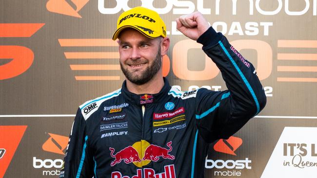 Shane van Gisbergen celebrates his win on he Gold Coast.