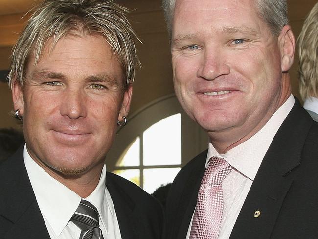 MELBOURNE, AUSTRALIA - NOVEMBER 04:  Cricketers Shane Warne and Dean Jones attend the AAMI Victoria Derby Day, part of the four day Melbourne Cup Carnival, at Flemington Race Course on November 4, 2006 in Melbourne Australia.  (Photo by Paul McConnell/Getty Images)