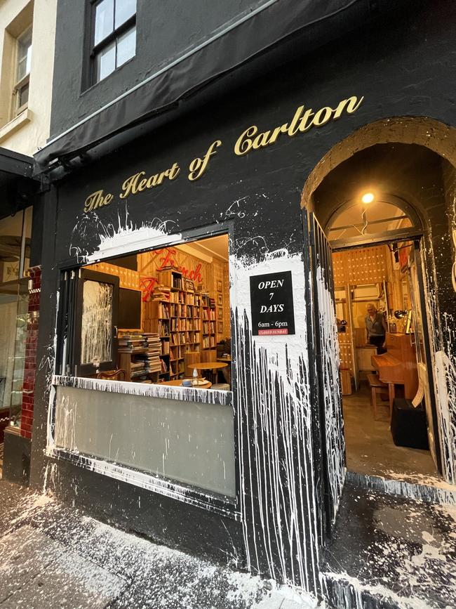 The Heart of Carlton cafe on Elgin St has been attacked multiple times in the past fortnight, with its windows smashed and paint and urine thrown on the building. Picture: Athos Sirianos