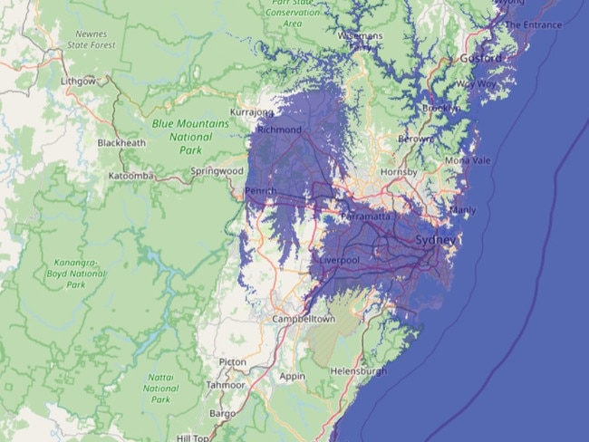 Sydney if sea levels rose by 60+ metres. Picture: flood.firetree.net