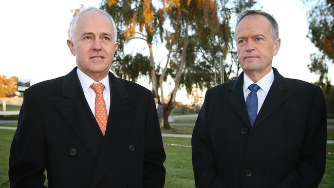 Malcolm Turnbull and Bill Shorten outside Parliament House on Wednesday. Picture: Kym Smith