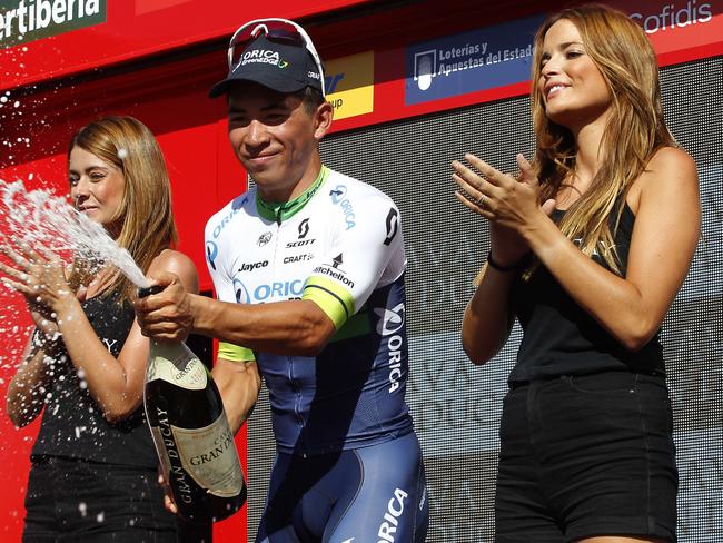 Orica-GreenEdge's Australian cyclist Caleb Ewan celebrates on the podium after winning the fifth stage of the 2015 Vuelta Espana.