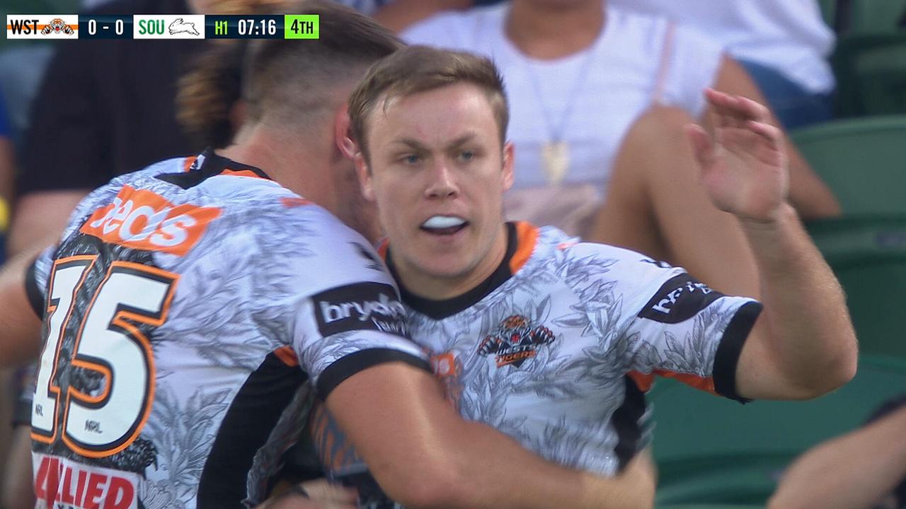 Billy Walters celebrates his first Tigers try