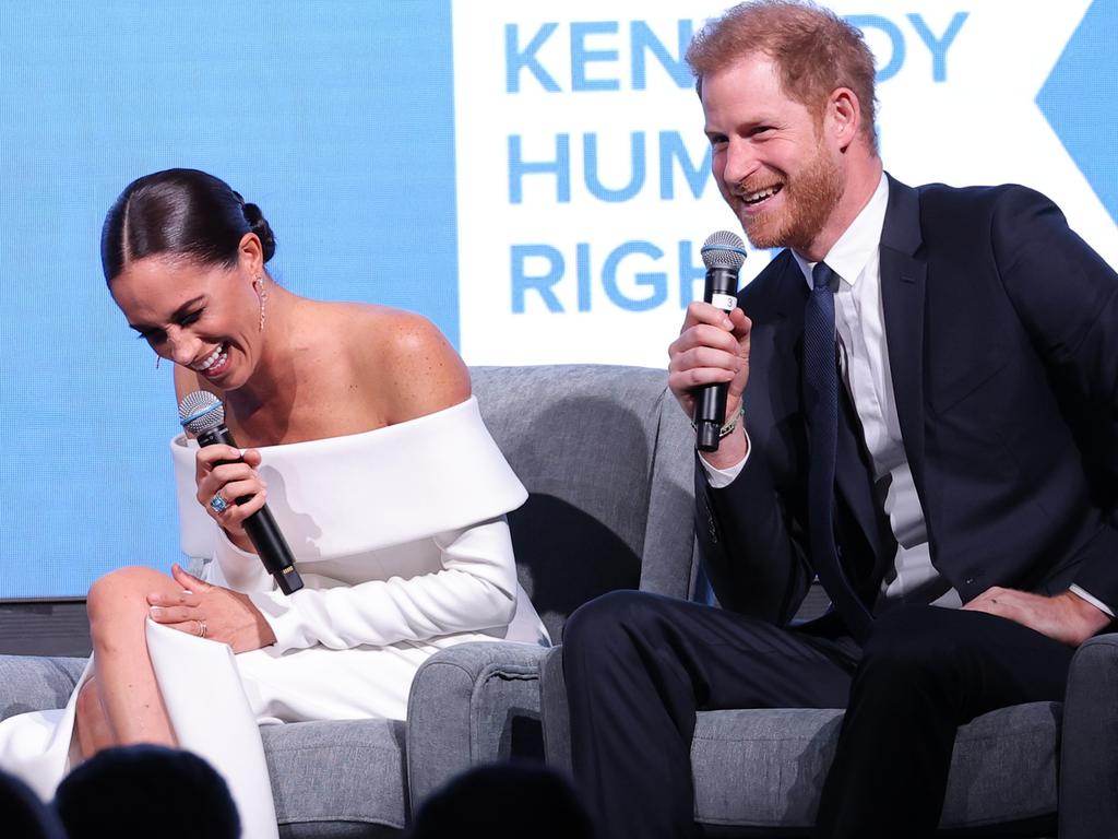 Meghan and Harry speaking onstage at the 2022 Robert F. Kennedy Human Rights Ripple of Hope Gala. Picture: Mike Coppola/Getty Images