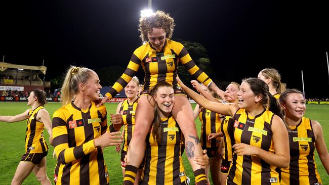 Tilly Lucas-Rodd is chaired off after Hawthorn’s win. Picture: Jonathan DiMaggio/AFL Photos