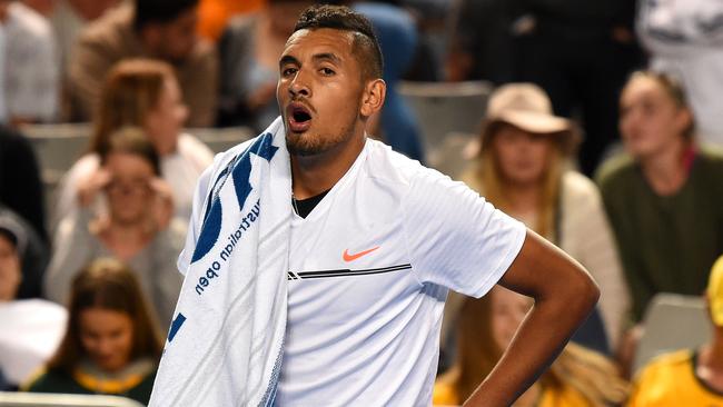 Nick Kyrgios of Australia reacts after being defeated by Andreas Seppi.