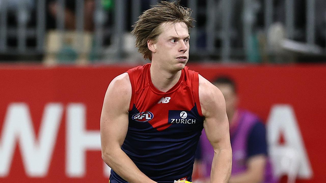 Perth - September 10 2021: AFL Preliminary Final . Melbourne vs Geelong at Optus Stadium, Perth. Charlie Spargo of the Demons in action during preliminary final . Photo by Michael Klein