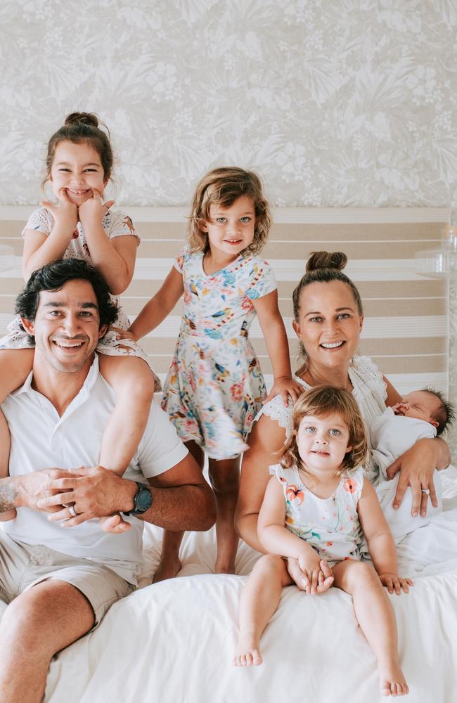 Johnathan Thurston with wife Samantha and children Frankie, Charlie, Lillie, and Remi, soon after Remi's birth in February, 2019. Picture: Supplied.