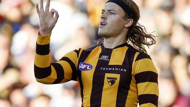 MELBOURNE , AUSTRALIA. April 7 , 2024. AFL Gather Round. Round 4. Collingwood vs Hawthorn at the Adelaide Oval. Jack Ginnivan of the Hawks celebrates a 1st quarter goal . Pic: Michael Klein