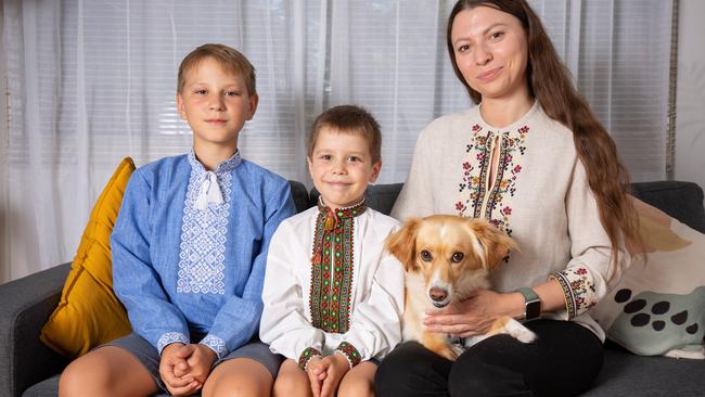 Ukranian Family, Vlad, 13 and Artur, 6 Sasha Masyuk, 34 with Leia inside their Heathpool home. Picture: Ben Clark