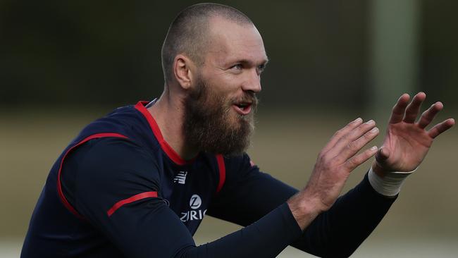 Melbourne captain Max Gawn trains with his Demon teammates earlier this week. Picture: Mark Metcalfe/Getty Images