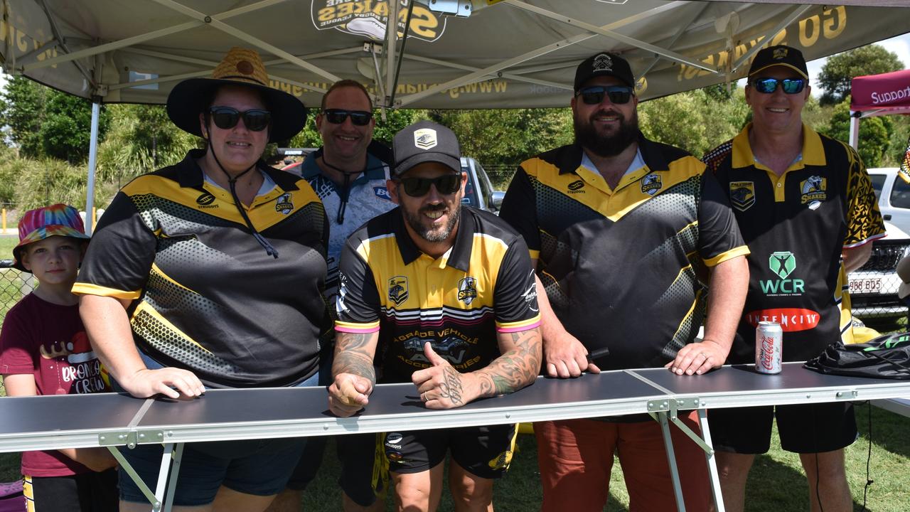 Carmel McKee, Tim McKee, Nate Findlay, Andrew Hanson and Scott Smith at the Play Something Unreal rugby league clinic in Kawana. Picture: Sam Turner