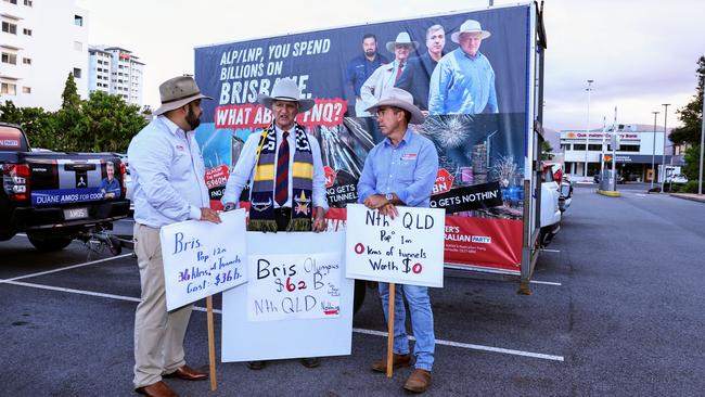 Member for Kennedy Bob Katter and two of his Far North Queensland candidates for the state election have held a mini protest outside of the Cairns Performing Arts Centre, furious that the Queensland Government is spending billions in South East Queensland for the 2032 Olympics Games, while regional Queensland will recieve a fraction of the funding. Katter Australian Party candidate for Mulgrave Steve Lesina, Member for Kennedy Bob Katter and KAP candidate for Cook Duane Amos timed their mini protest to coincide with a Brisbane 2032 organising committee meeting at CPAC. Picture: Brendan Radke