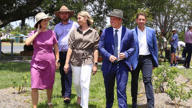 Premier Steven Miles flanked by Labor MPs in Rockhampton for a third time of the election campaign. Picture: Adam Head