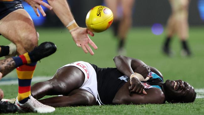 Aliir Aliir was allowed to keep playing after this incident. Picture: Getty Images