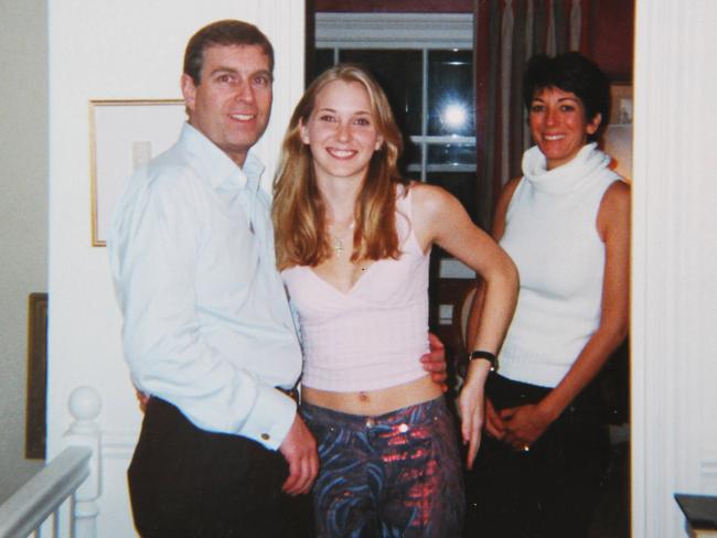Prince Andrew and Virginia Roberts, aged 17, with Ghislaine Maxwell in the background.